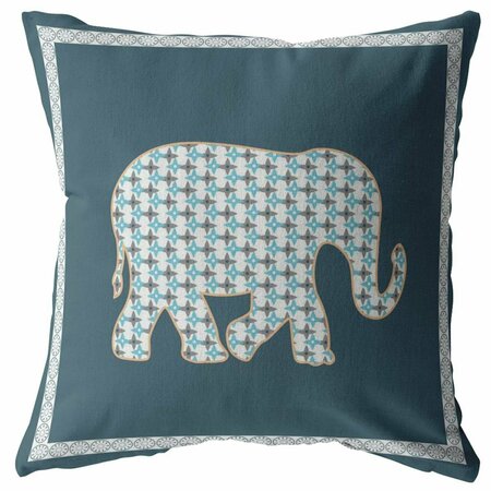 PALACEDESIGNS 16 in. Spruce Blue Elephant Indoor & Outdoor Throw Pillow White & Muted Blue PA3666046